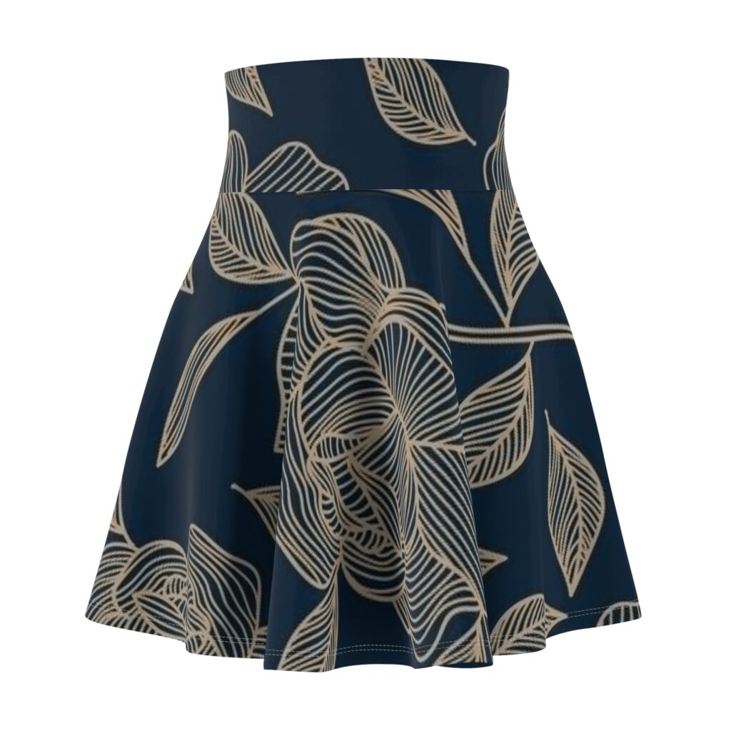 Navy Floral Linework Skater Skirt — Elegant Beige Rose Print