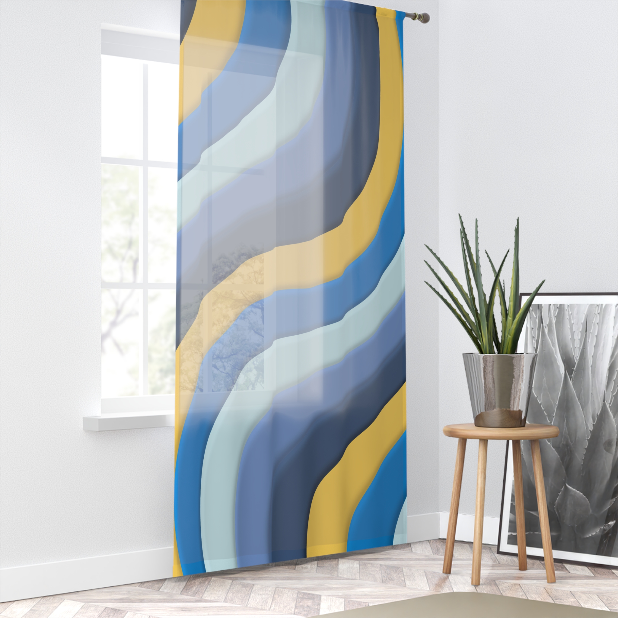 Abstract Wavy Blue & Gold Window Curtain — Modern Geometric Drapes for Living Room - Image 3