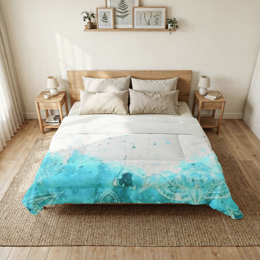 Aqua Mandala Cotton Comforter – Boho Turquoise Watercolor Bedding