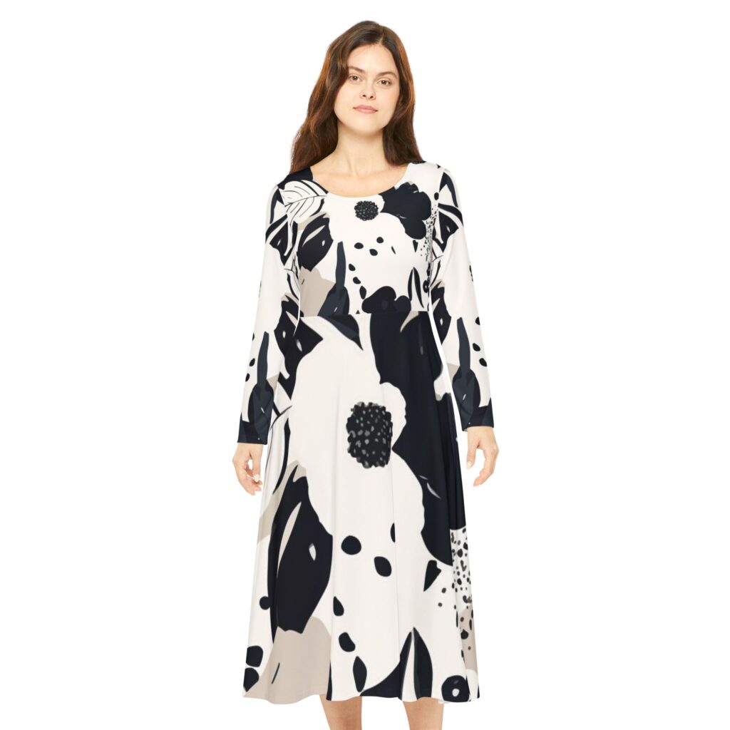 Floral A-Line Swing Dress — Long Sleeve Black & Ivory Garden Print