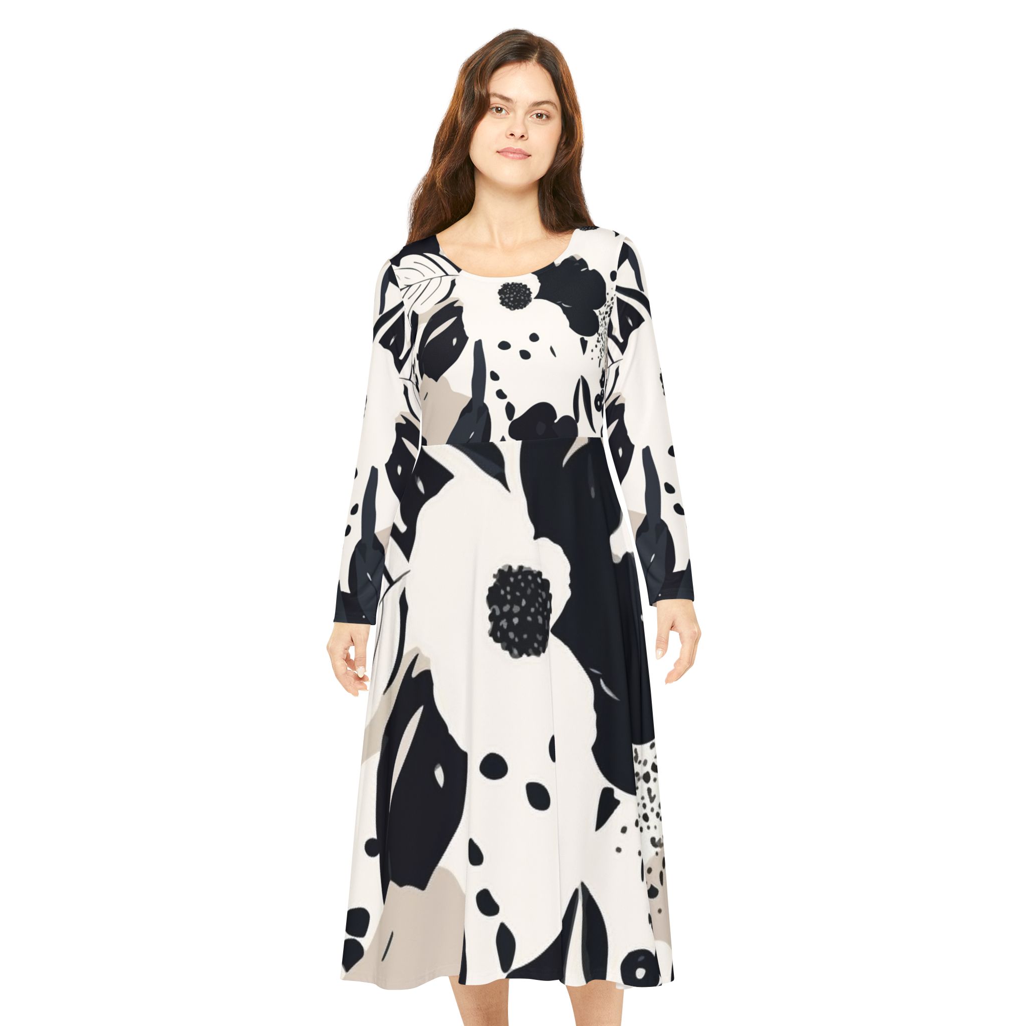 Floral A-Line Swing Dress — Long Sleeve Black & Ivory Garden Print