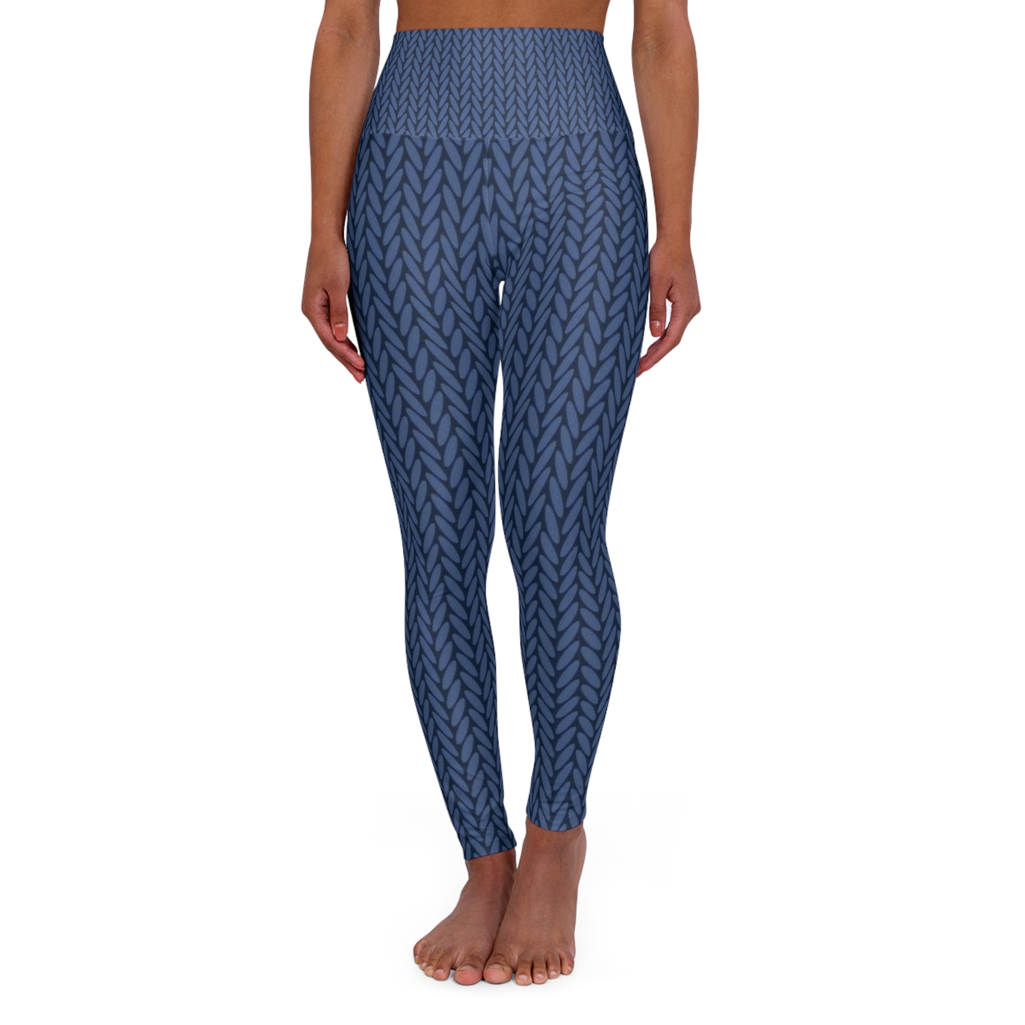 Knit-Texture High Waisted Yoga Leggings — Blue Cable Knit Pattern - Image 2