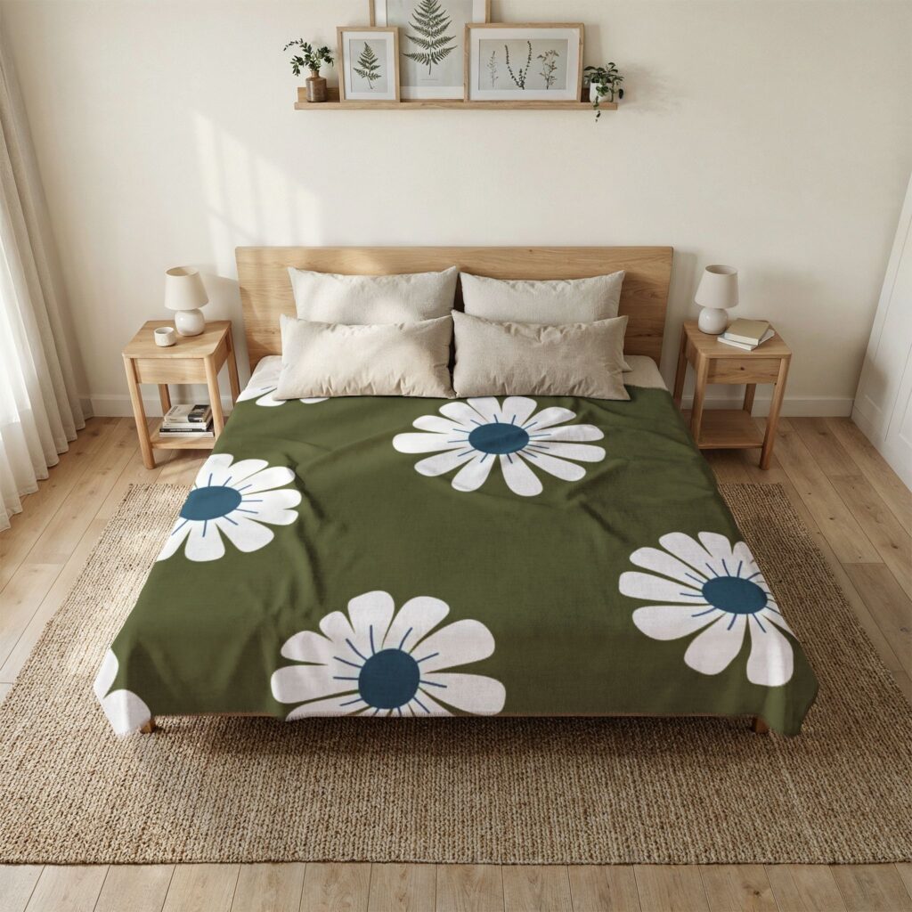 Daisy Print Coverlet — Olive Green Woven-Style Bedspread