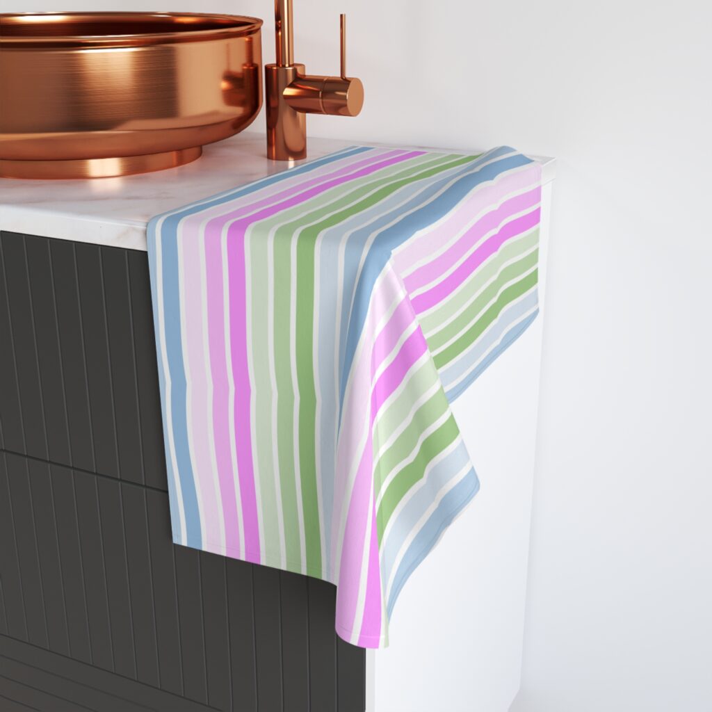 Pastel Striped Hand Towel - Soft Blue, Pink & Green Bathroom Accent