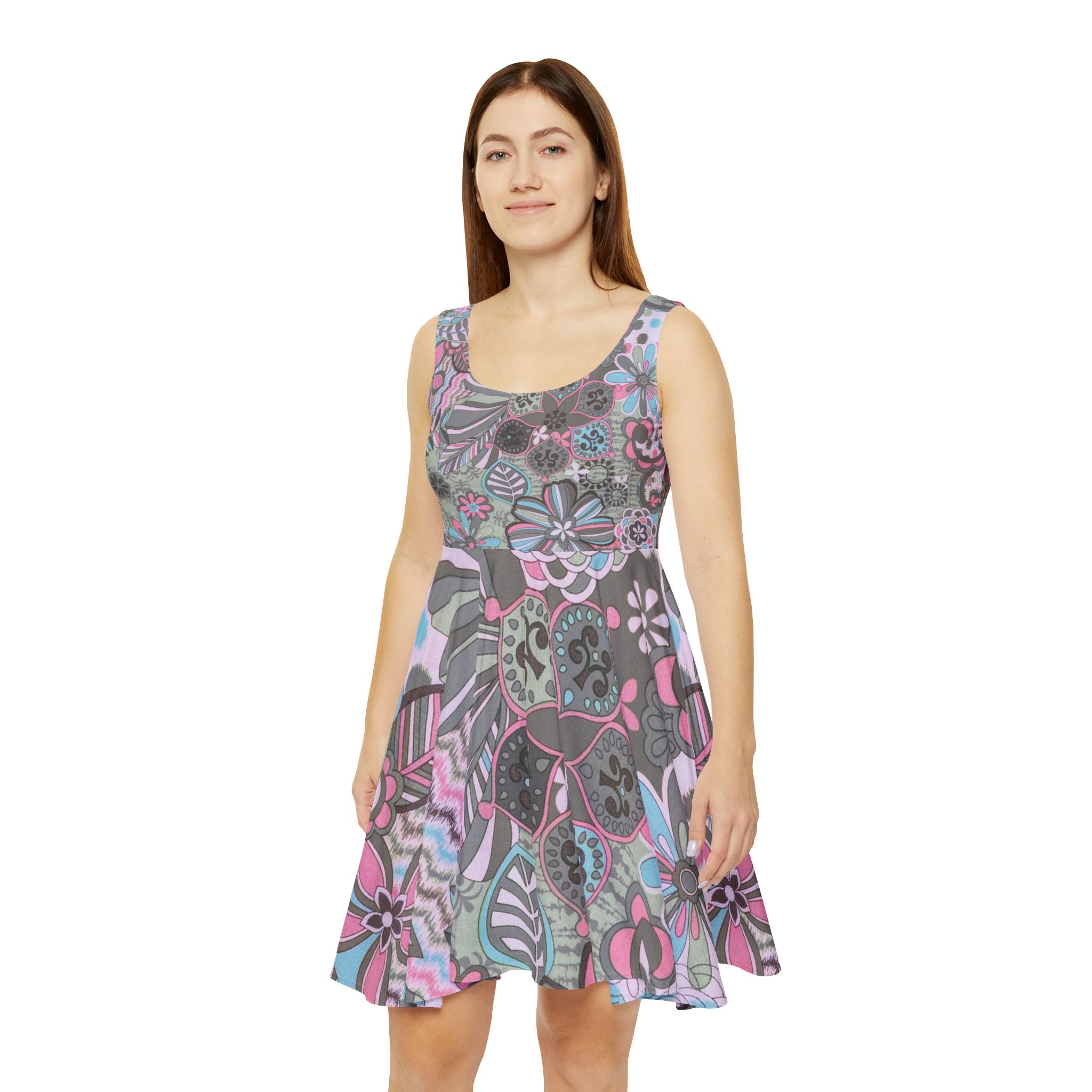 Floral Pastel Skater Dress — Retro Boho Flower Print Women's Dress