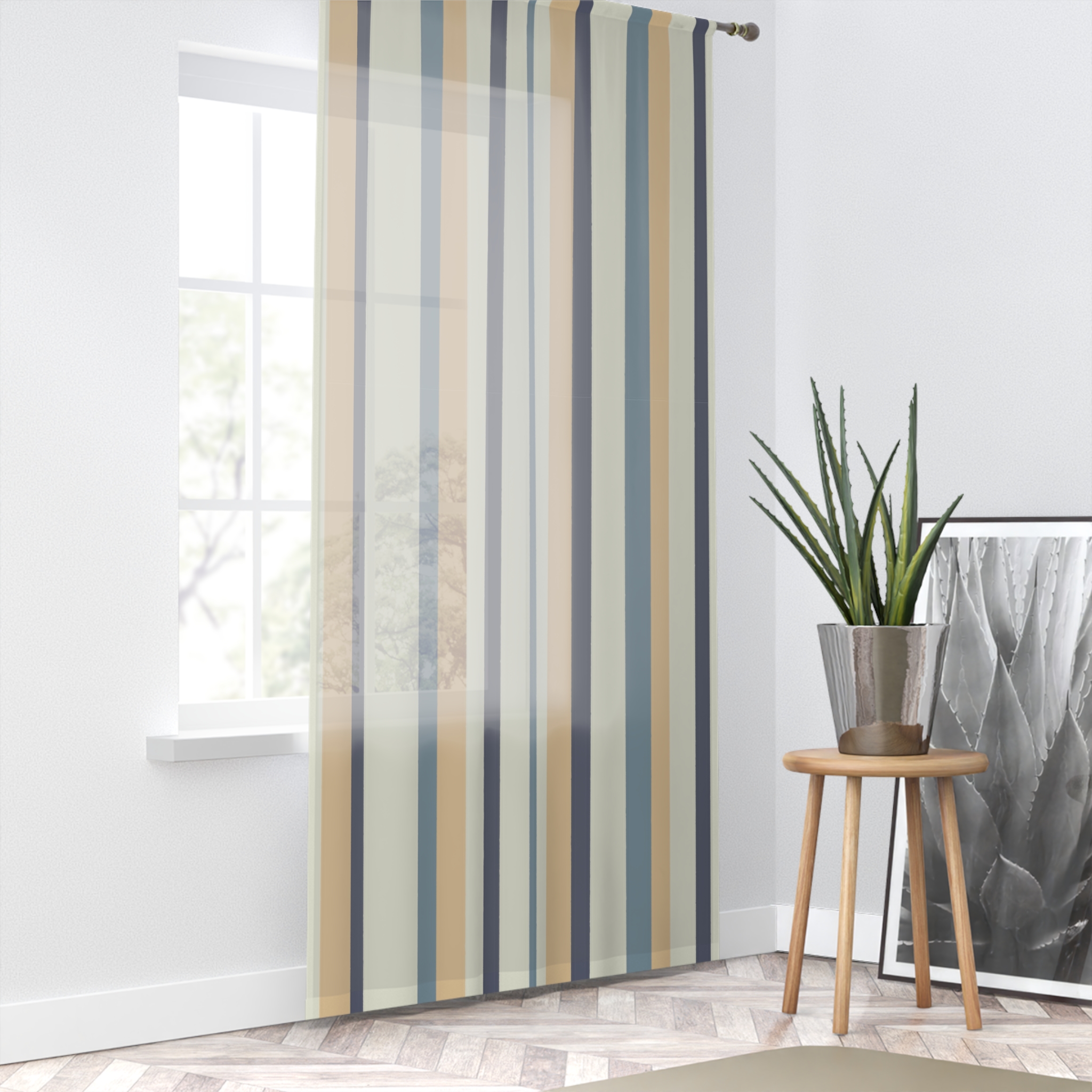 Striped Sheer Curtain Panel — Coastal Blue & Sand Vertical Stripe Window Curtain - Image 3
