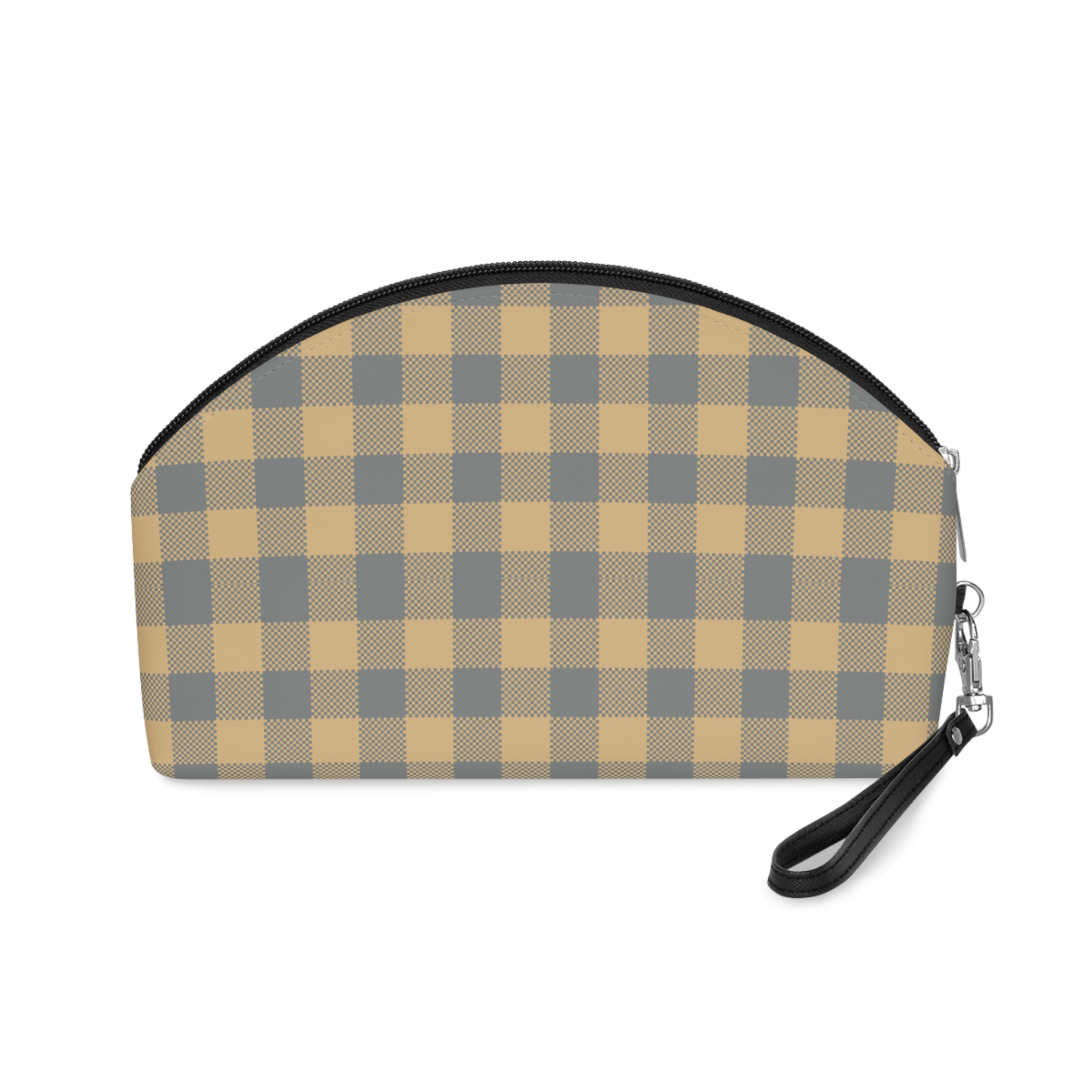 Plaid Cosmetic Pouch — Yellow & Gray Check Makeup Bag - Image 4