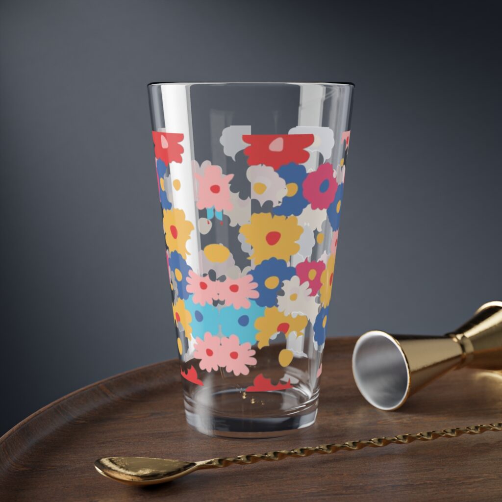 16oz Floral Mixing Glass – Colorful Retro Flower Bar & Cocktail Glass
