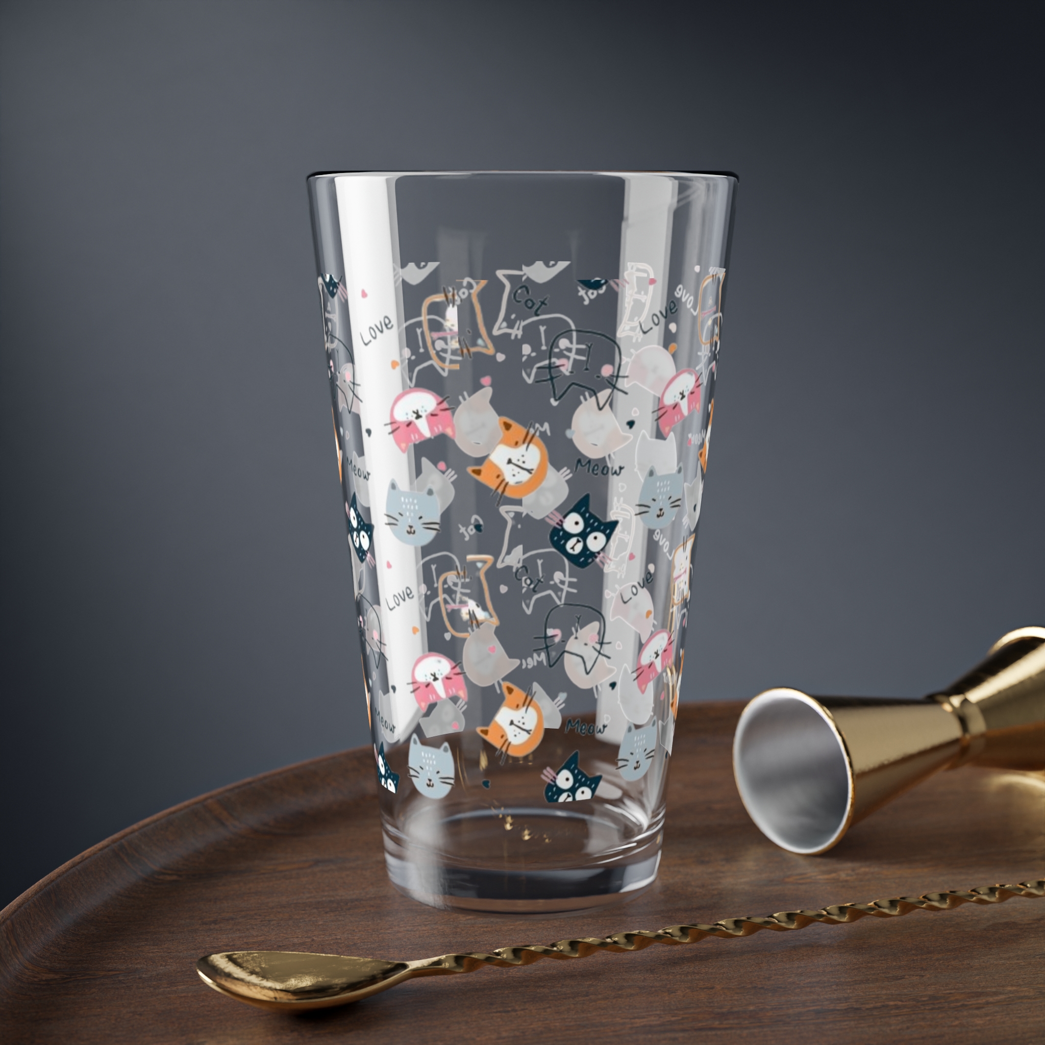 16oz Cat Pattern Mixing Glass — Cute Kittens & 'Meow' Design