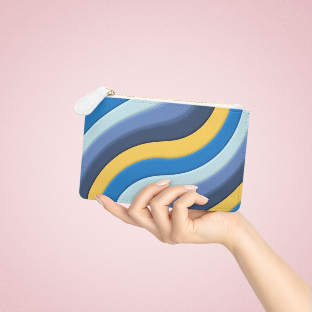 Wavy Blue & Yellow Mini Clutch — Colorful Retro Stripe Wristlet