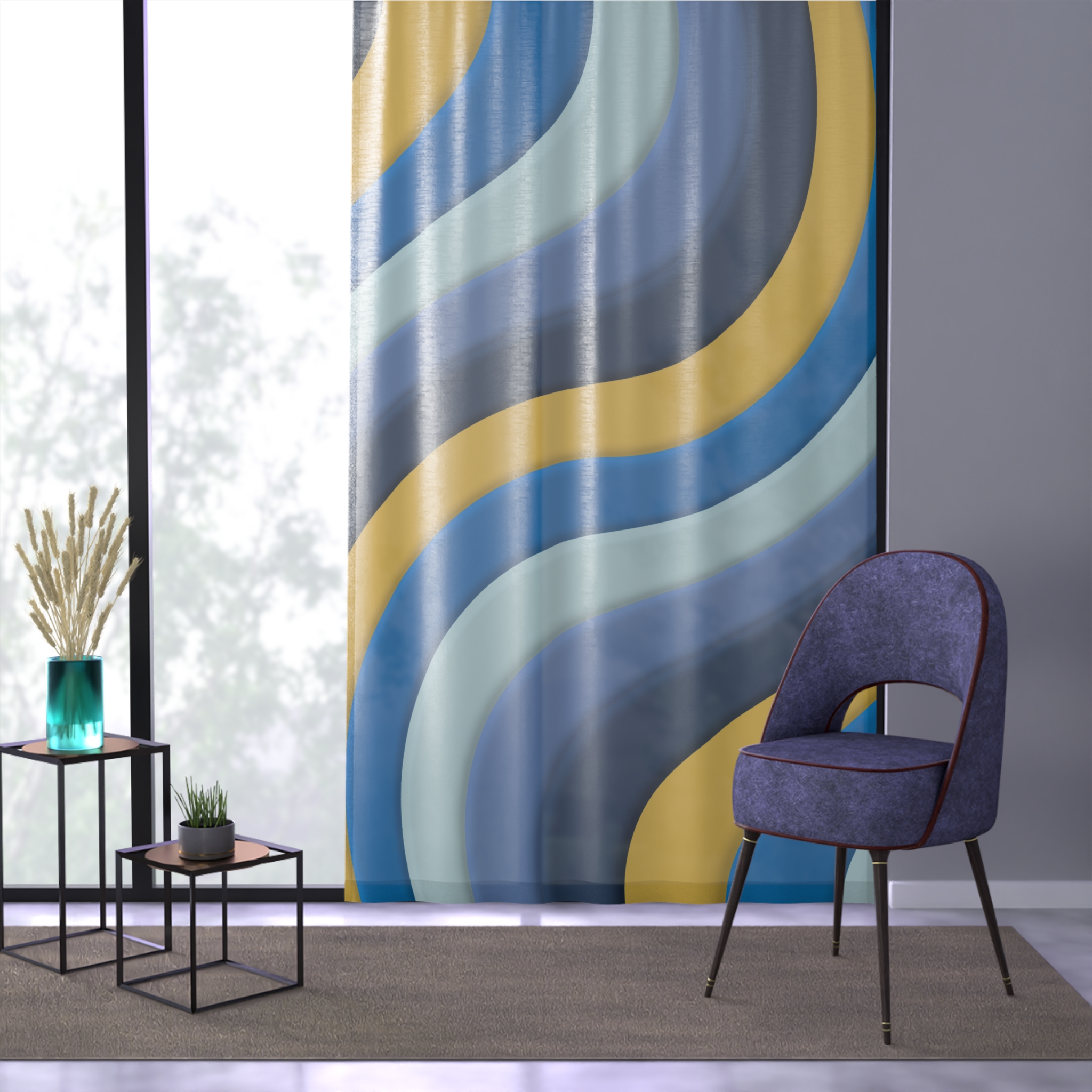 Abstract Wavy Blue & Gold Window Curtain — Modern Geometric Drapes for Living Room