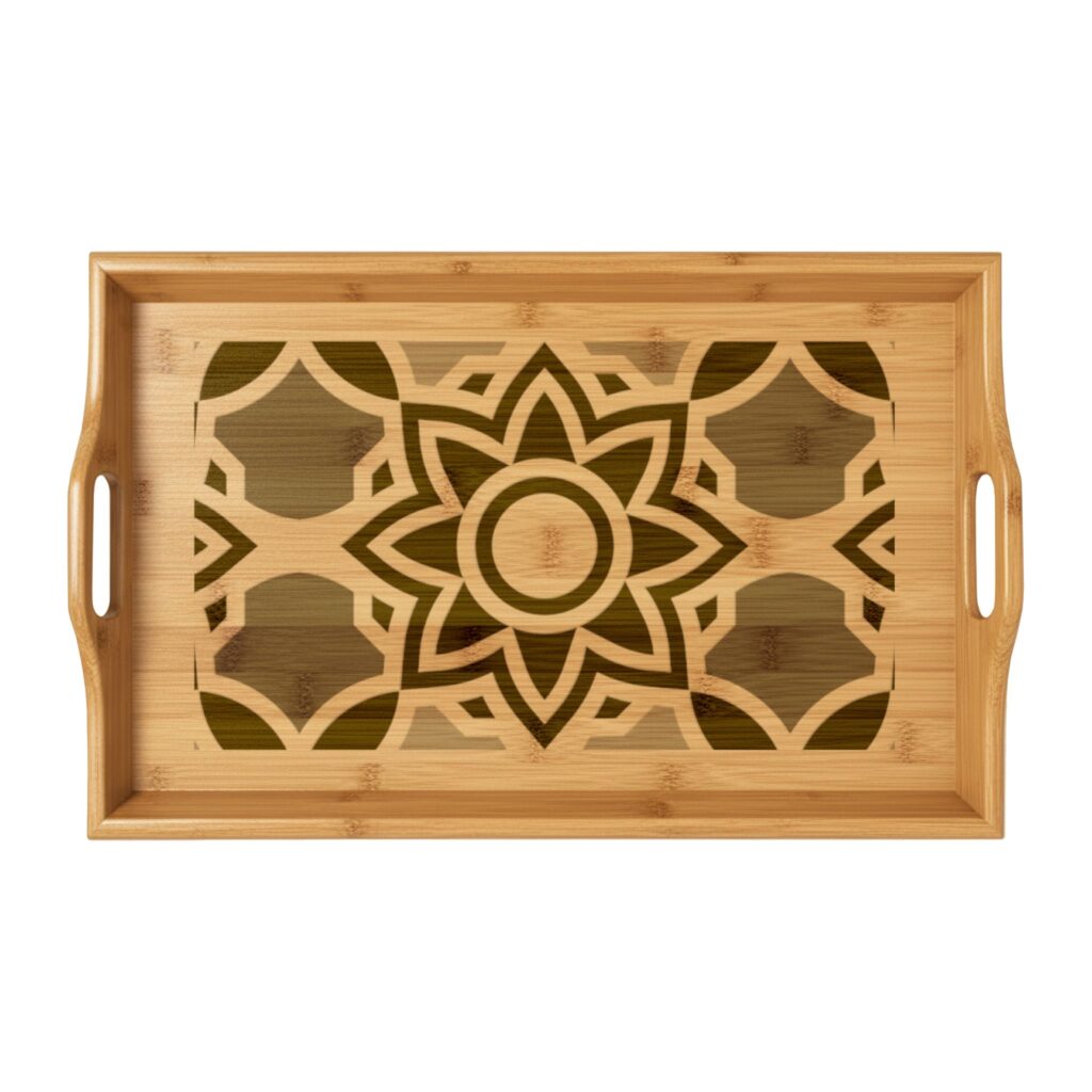 Engraved Bamboo Serving Tray — Floral Mandala Breakfast & Tea Tray
