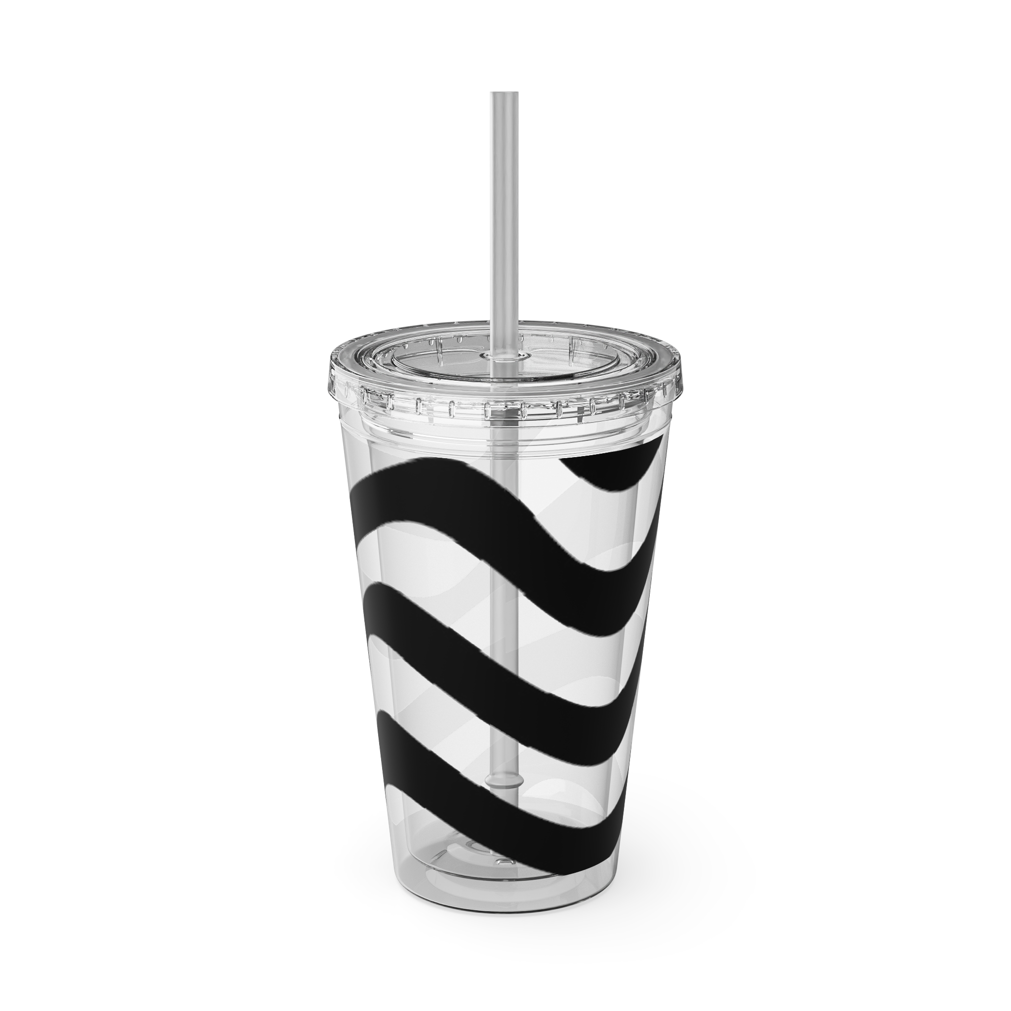 Wavy Stripes 16oz Tumbler with Straw — Black Brushstroke Design - Image 2