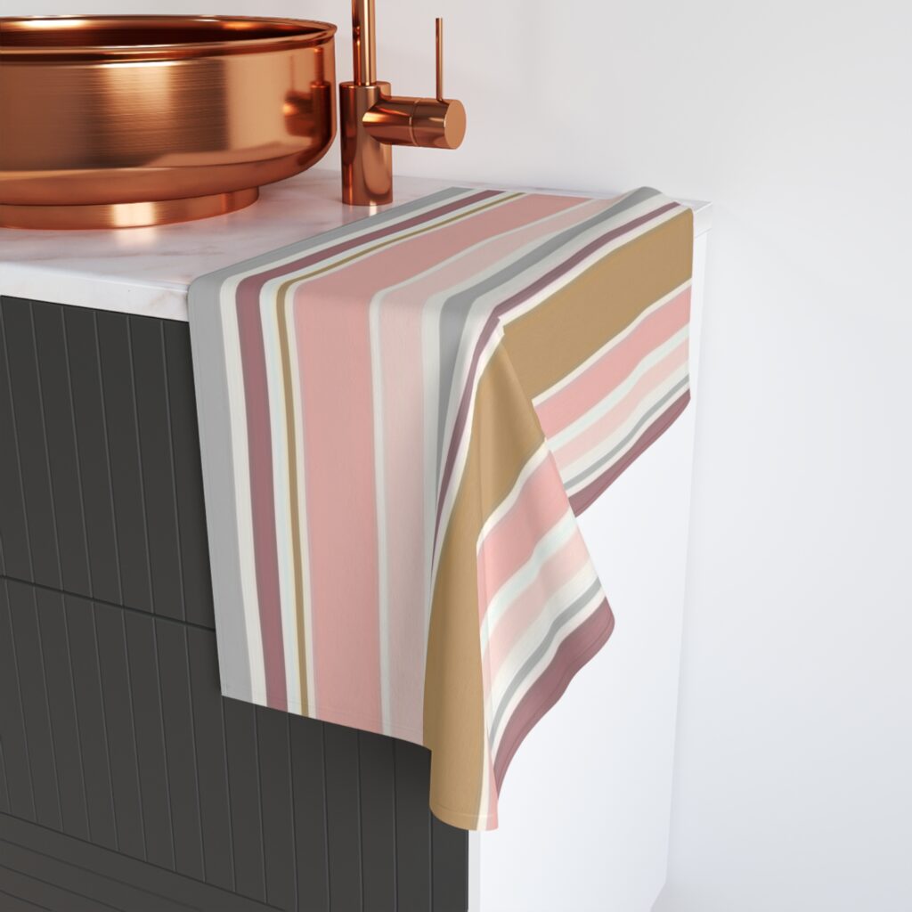Striped Pink & Mustard Hand Towel — Coastal Chic Bathroom Accent