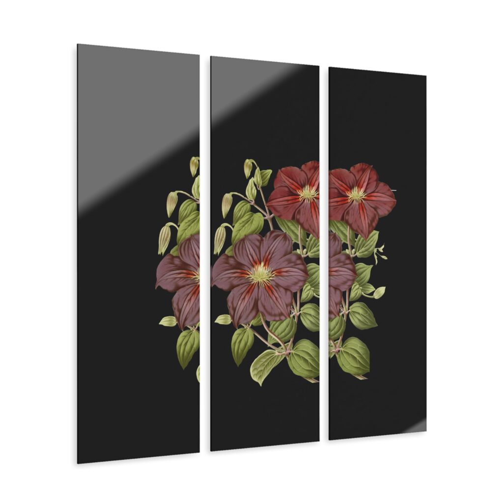 Triptych Acrylic Wall Art — Vintage Floral Hibiscus on Black