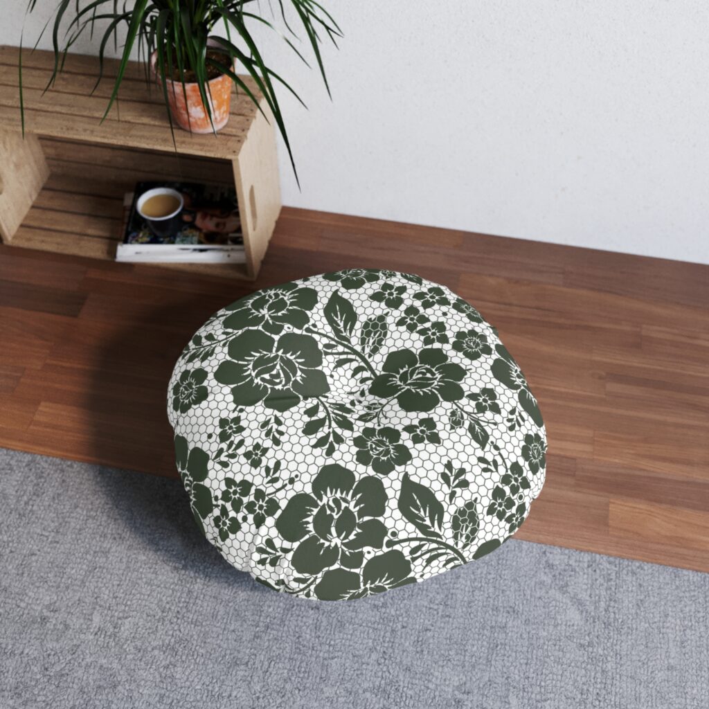 Round Tufted Floor Pillow – Vintage Lace Floral Pattern in Olive Green