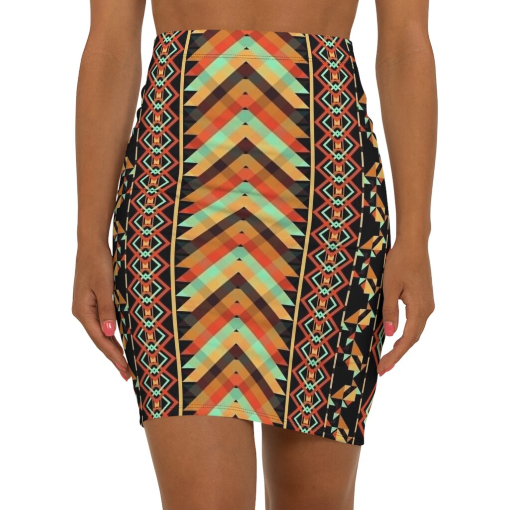Boho Chevron Tribal Mid-Waist Pencil Skirt — Vibrant Aztec Print