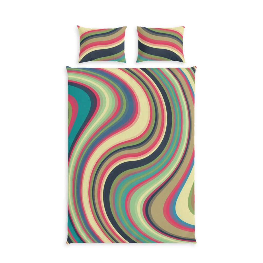 Retro Swirl Cotton Bed Set – Colorful 70s Wave Duvet Cover