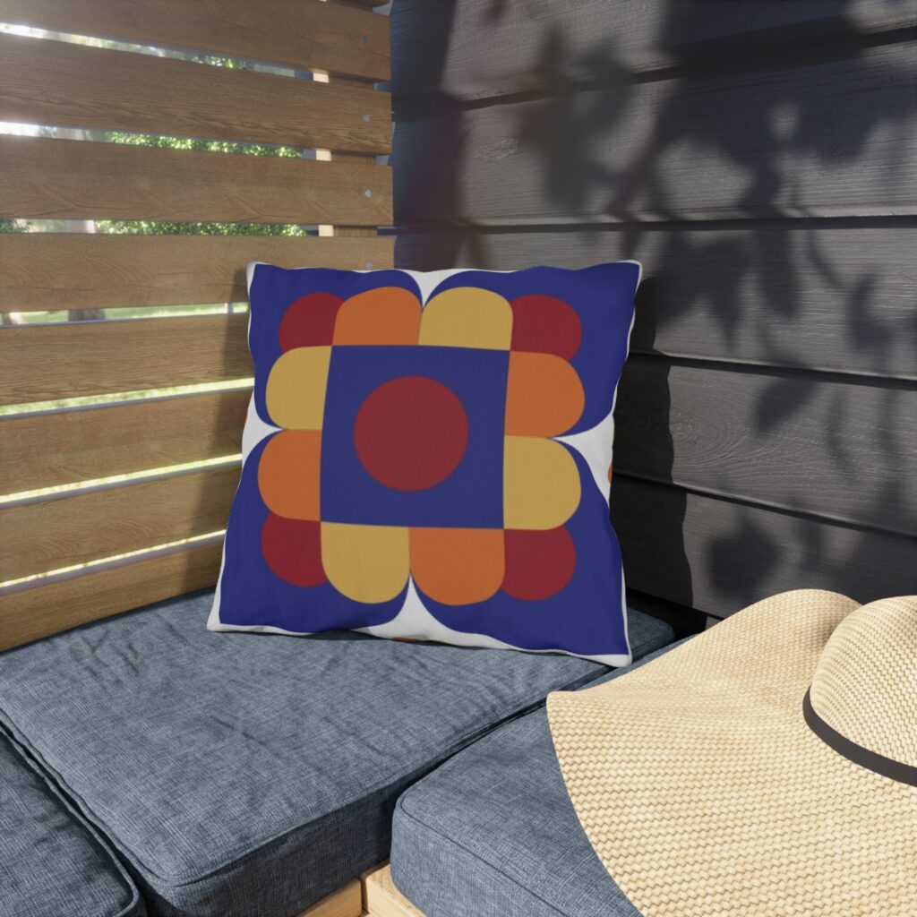 Retro Geometric Outdoor Pillow — Bold Blue Flower Motif