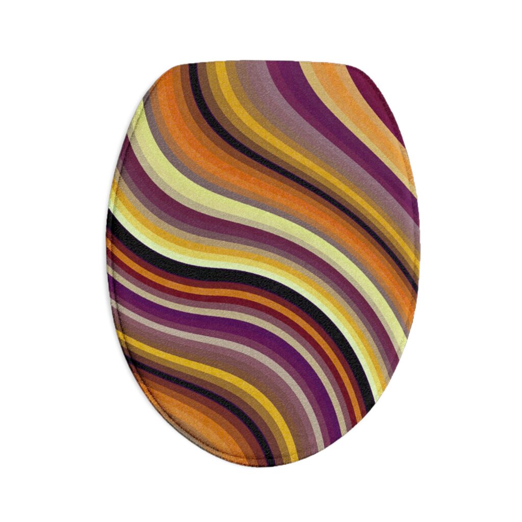 Retro Wave Bath Mat Set — 3-Piece Curved Stripe Bathroom Rugs (Purple, Orange, Gold)
