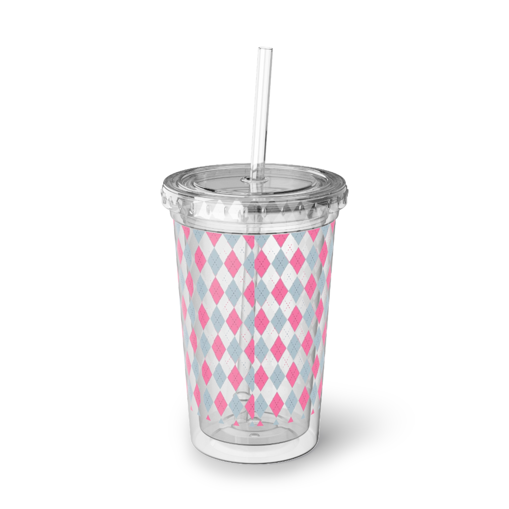 Pink Gray Argyle Acrylic Tumbler - Reusable Cold Cup with Straw - Image 5