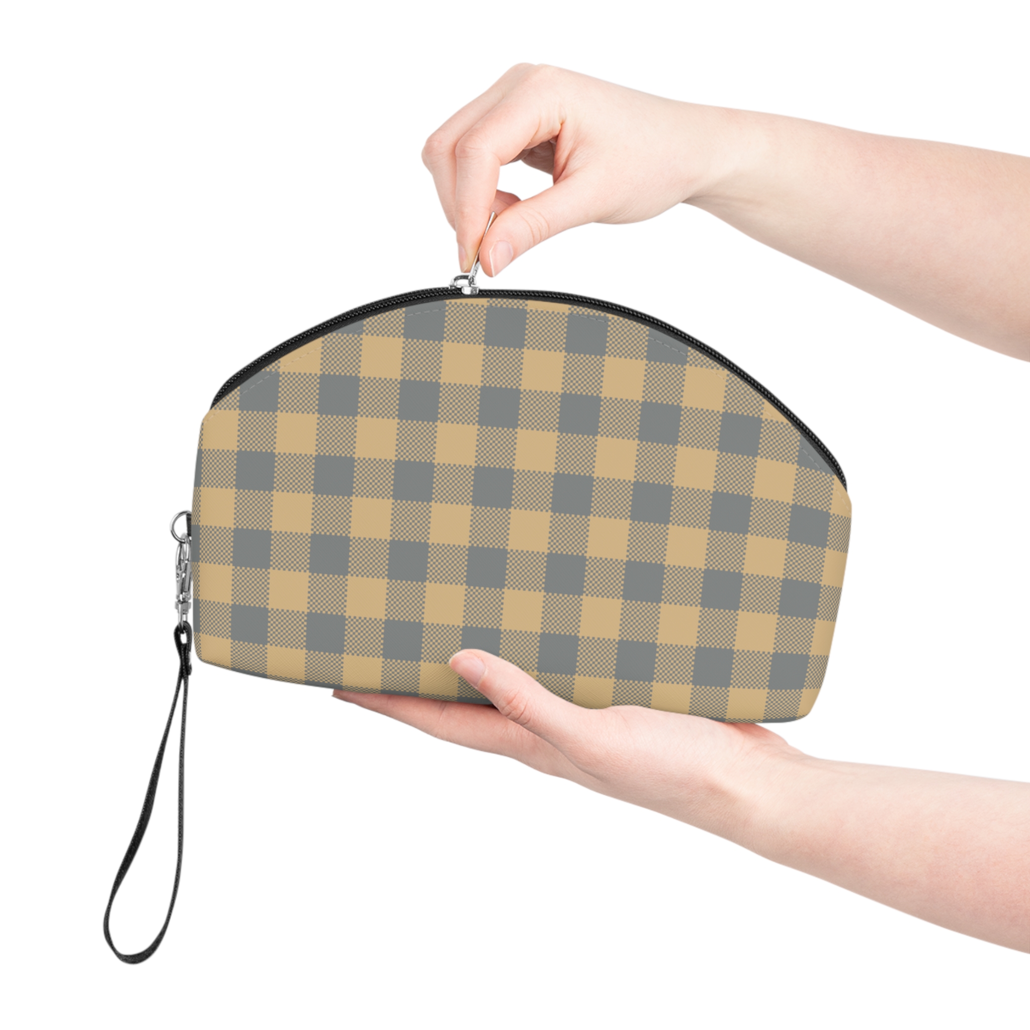 Plaid Cosmetic Pouch — Yellow & Gray Check Makeup Bag - Image 3