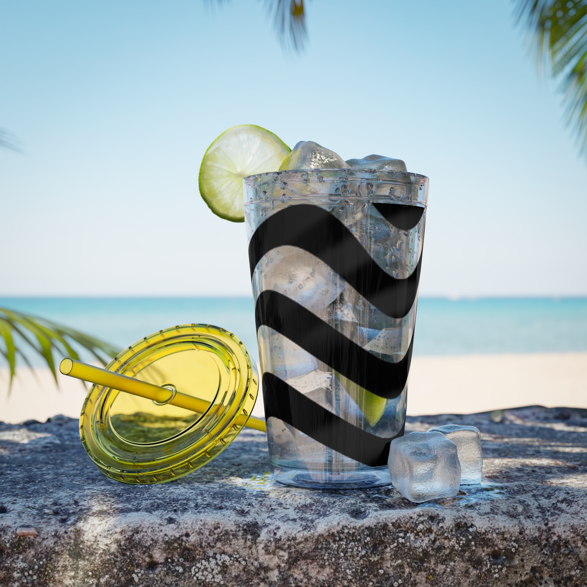 Wavy Stripes 16oz Tumbler with Straw — Black Brushstroke Design - Image 20