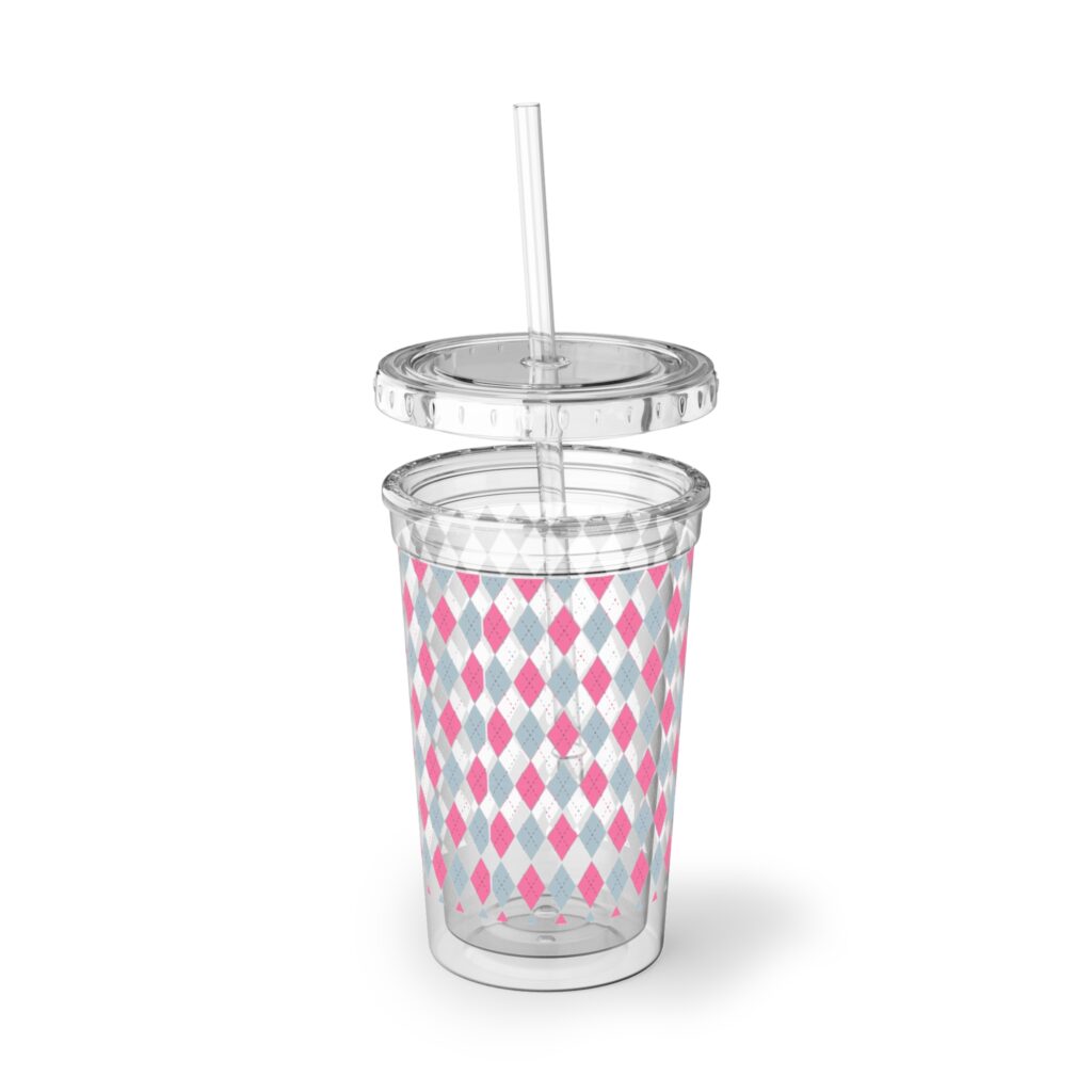 Pink Gray Argyle Acrylic Tumbler - Reusable Cold Cup with Straw