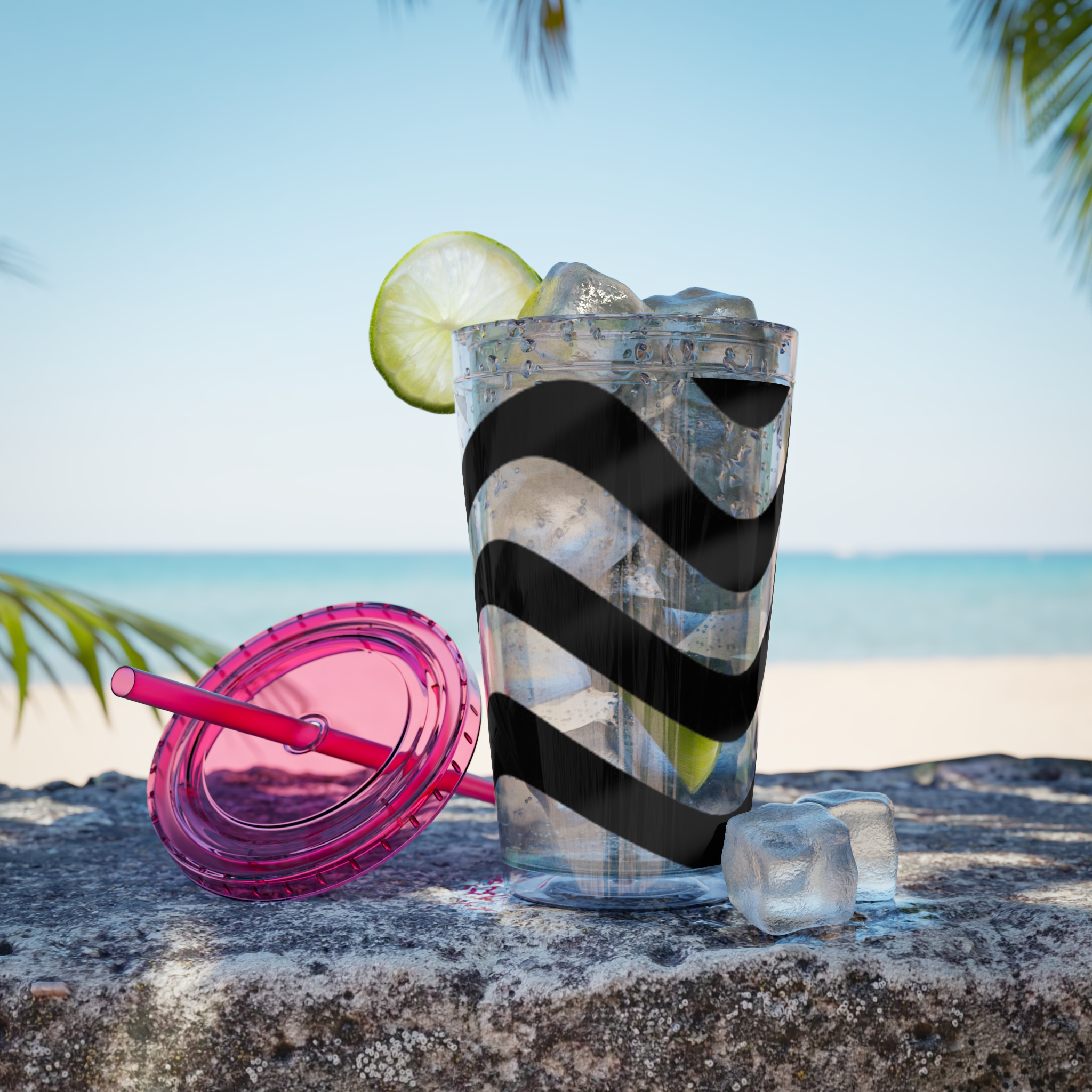 Wavy Stripes 16oz Tumbler with Straw — Black Brushstroke Design - Image 45