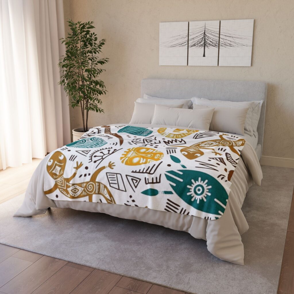 Tribal Safari Sherpa Blanket — Boho Animal Mask & Totem Print Fleece Throw