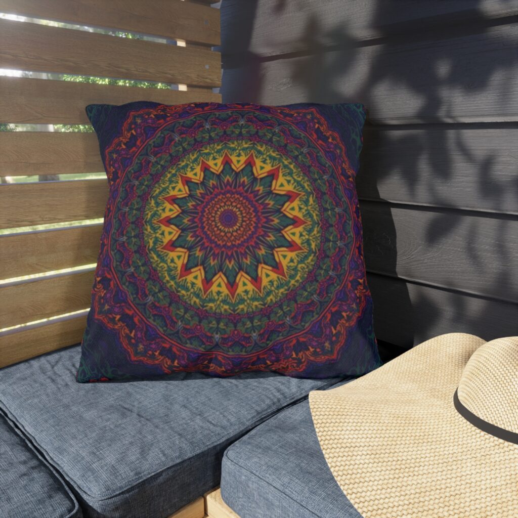 Mandala Sunburst Outdoor Pillow — Boho Kaleidoscope Patio Cushion