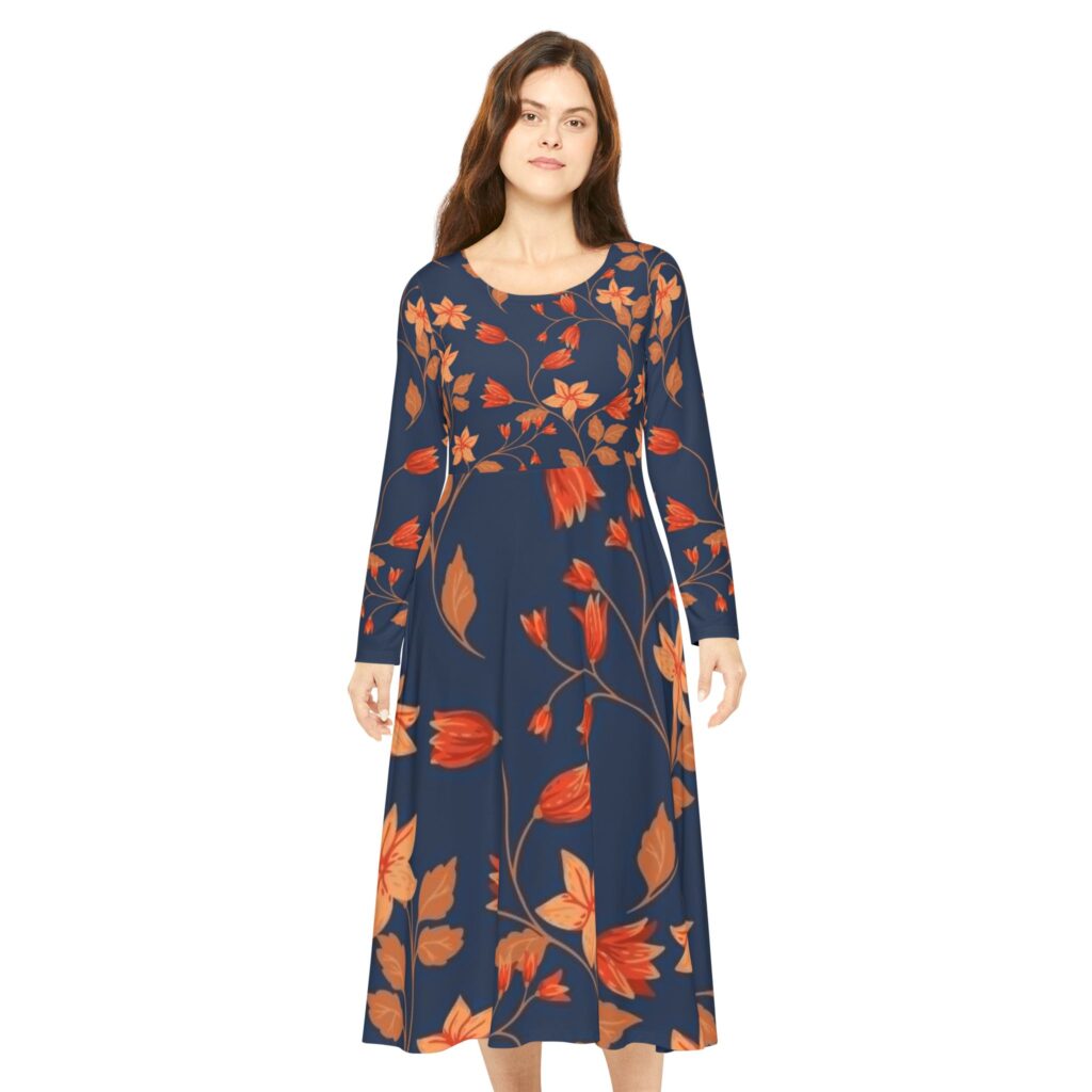 Navy Floral Swing Dance Dress — Long Sleeve Floral Print A-Line