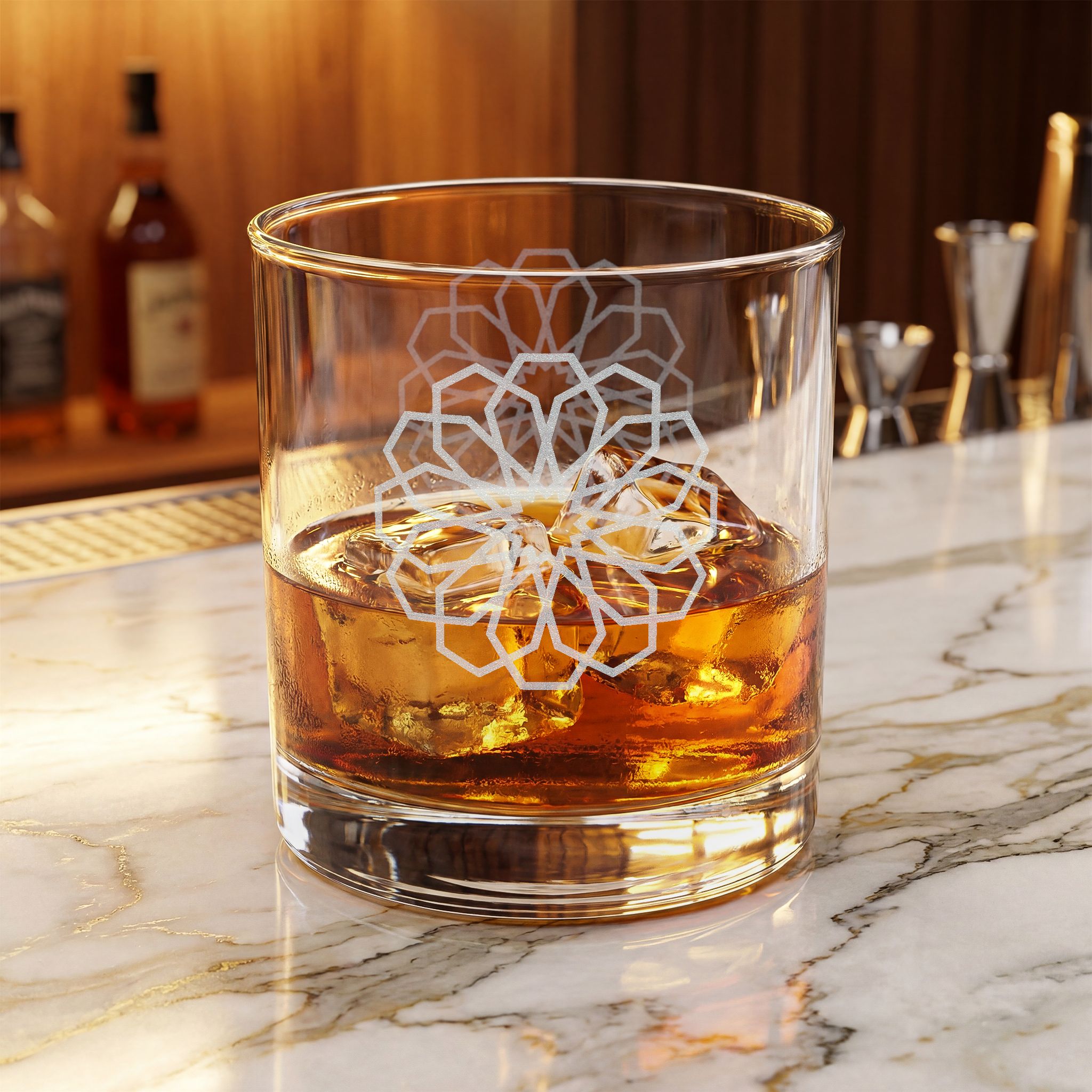 Engraved Floral Whiskey Glass - 10.5 oz Crystal Rocks Tumbler