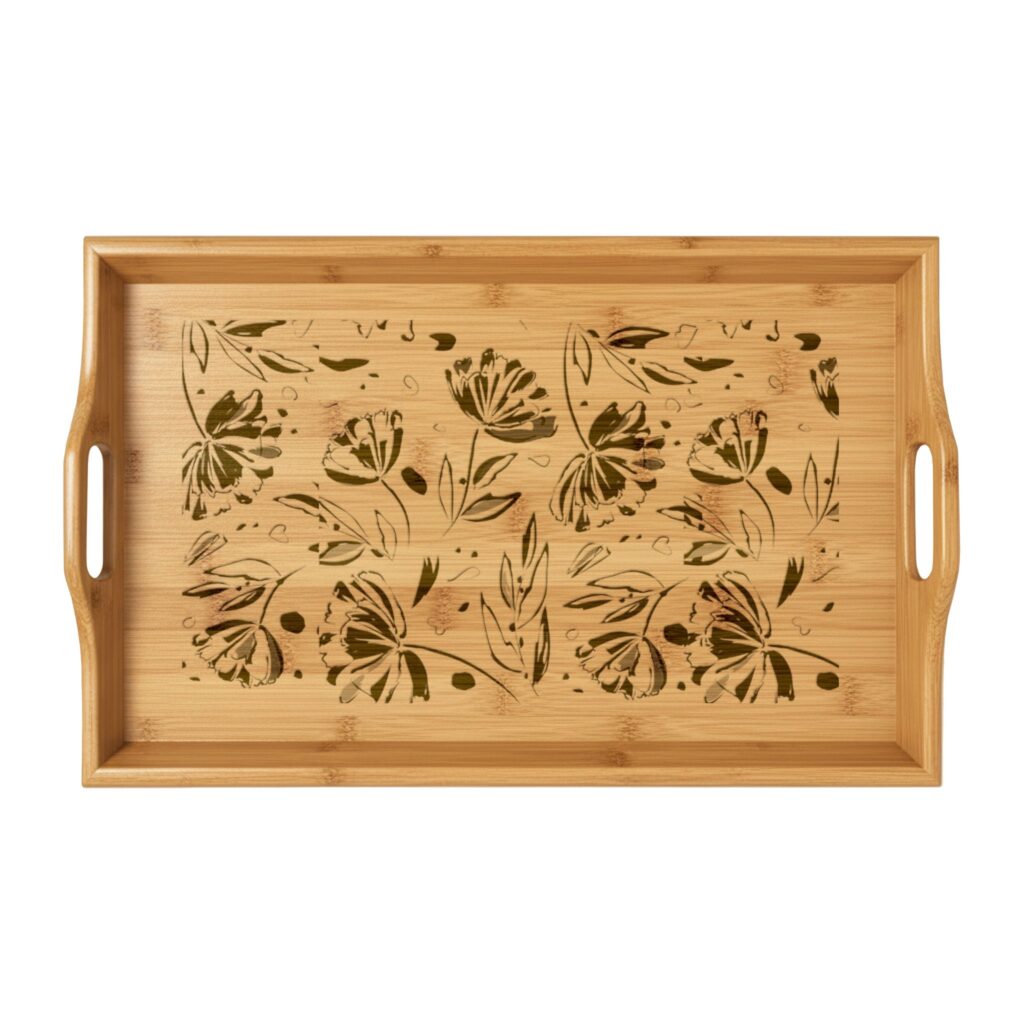 Engraved Bamboo Serving Tray — Floral Pattern Breakfast & Charcuterie Tray