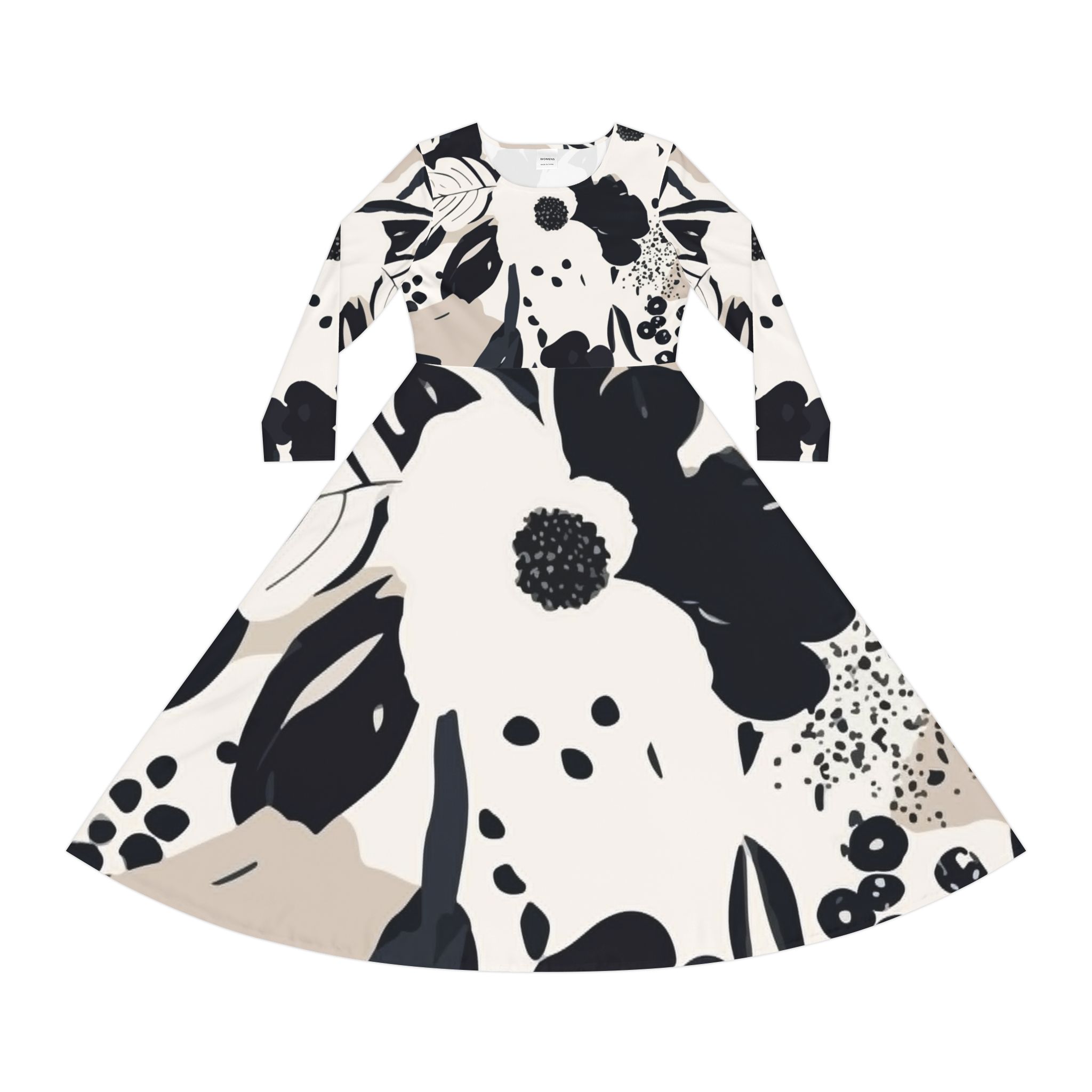 Floral A-Line Swing Dress — Long Sleeve Black & Ivory Garden Print - Image 2