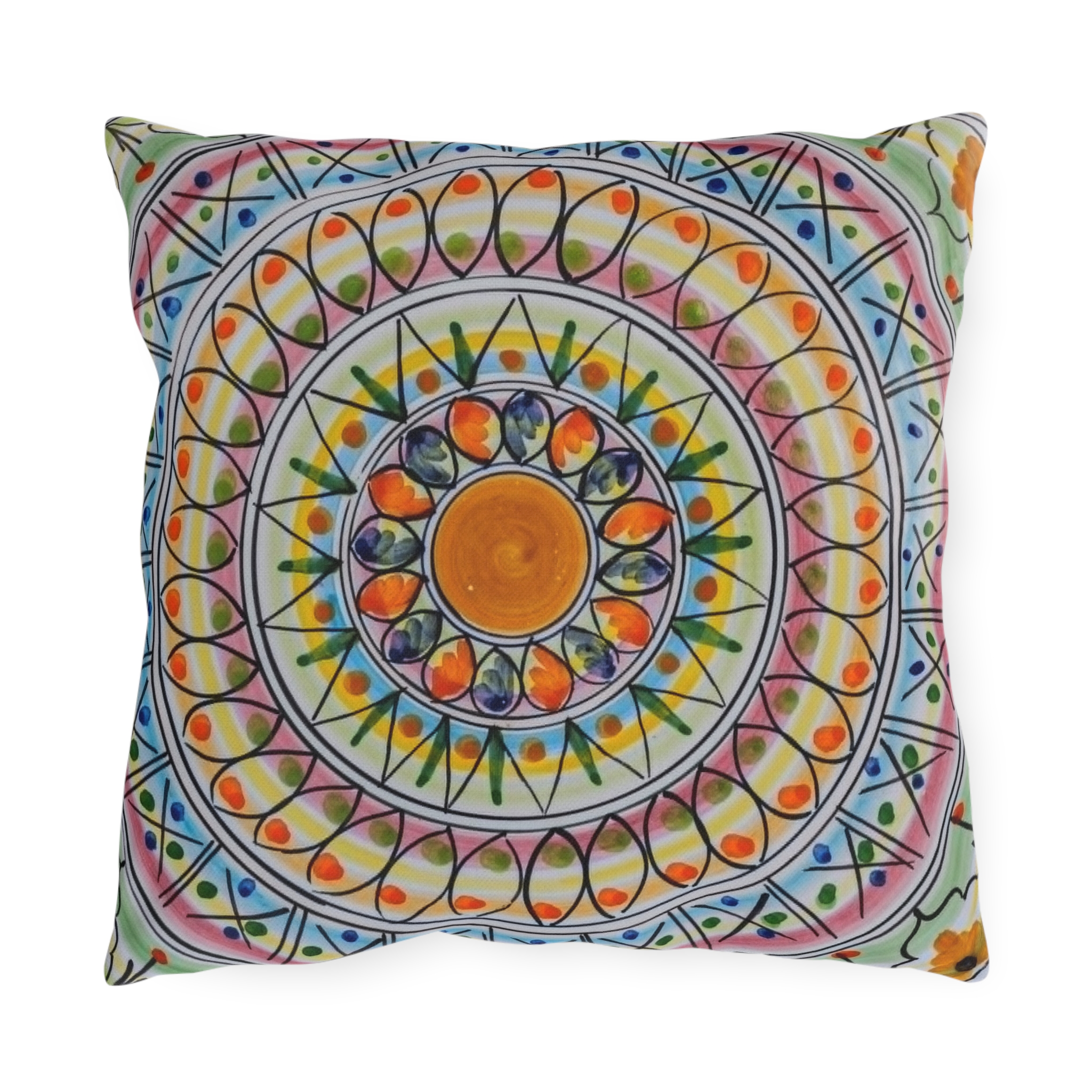 Boho Mandala Outdoor Pillow - Colorful Floral Sunburst Patio Cushion - Image 2