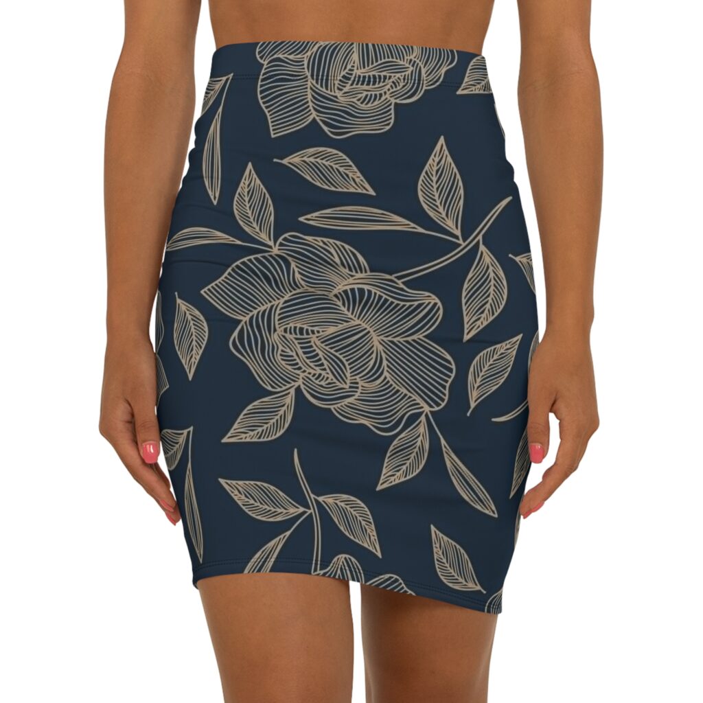 Navy Floral Pencil Skirt — Elegant Rose Print Midi Skirt for Work & Events