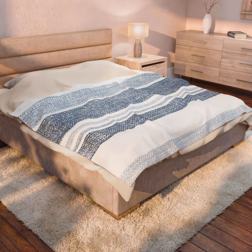 Striped Blue Velveteen Plush Blanket — Soft Coastal Throw for Living Room & Bedroom