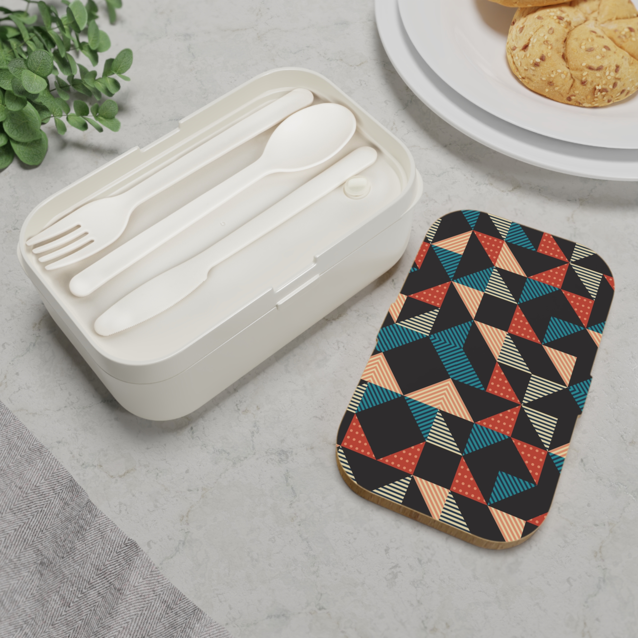 Geometric Retro Bento Lunch Box — Mid-Century Patterned Food Container - Image 4