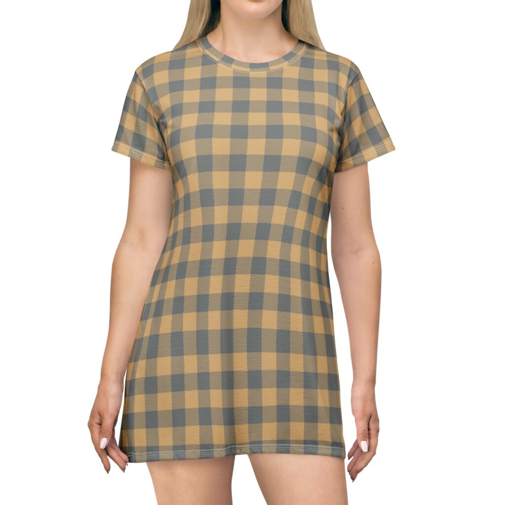 Plaid T-Shirt Dress — Yellow & Gray Buffalo Check AOP
