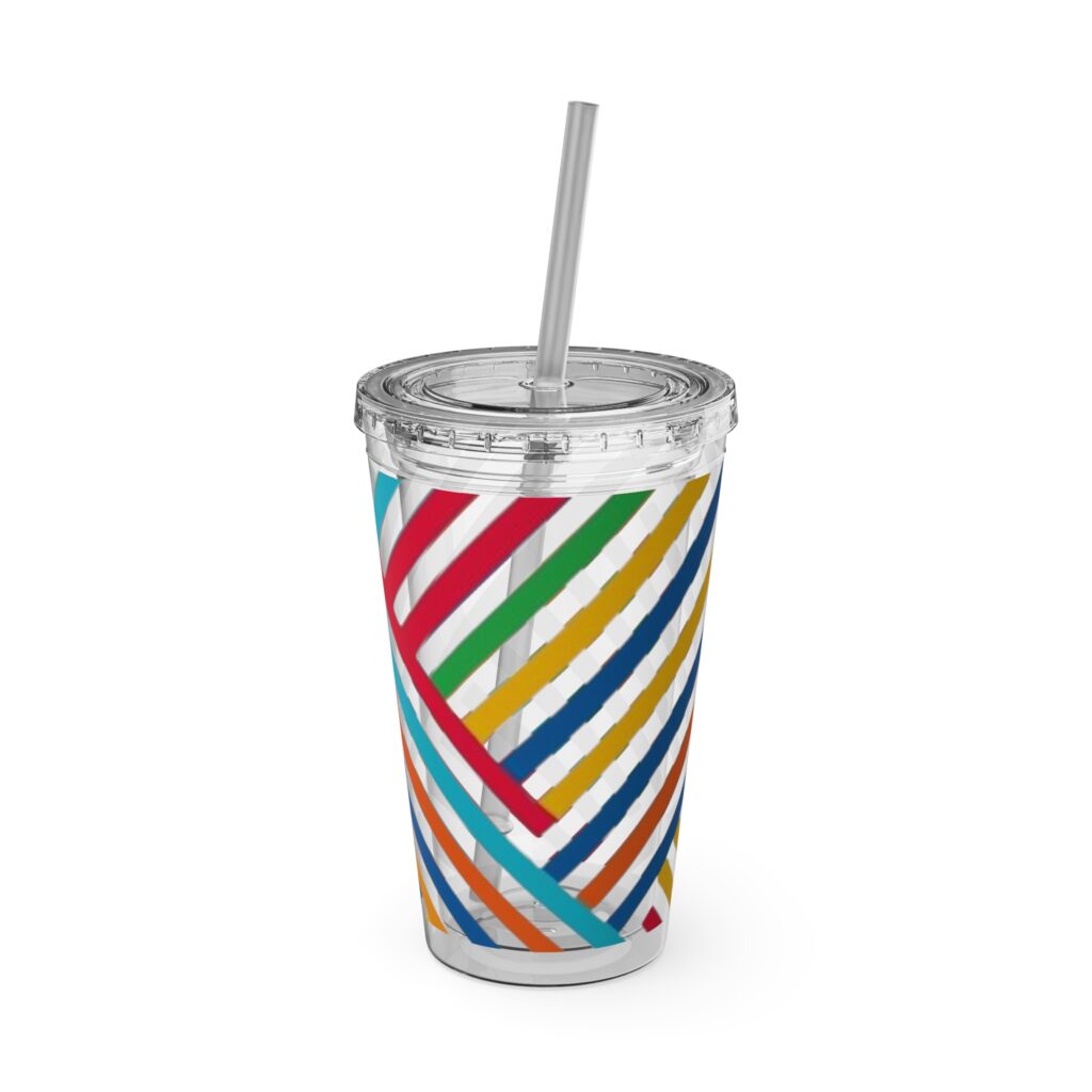Rainbow Checkerboard 16oz Tumbler with Straw — Colorful Reusable Drink Cup