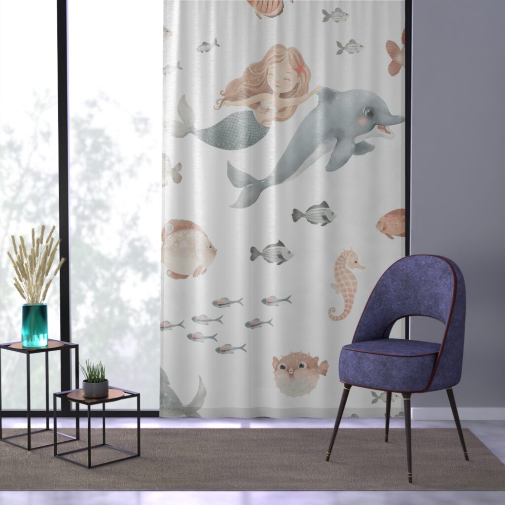 Mermaid & Sea Creatures Sheer Window Curtain — Whimsical Nautical Kids Room Décor