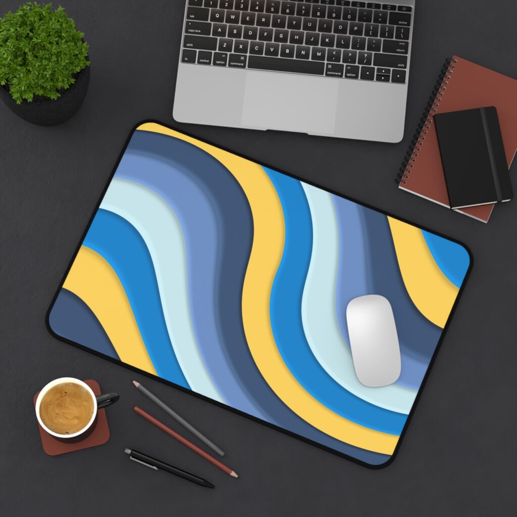 Wavy Blue & Yellow Abstract Desk Mat
