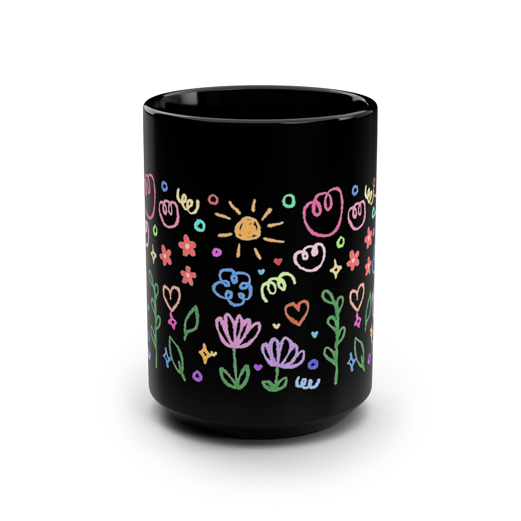 15oz Black Mug with Lavender Pansy Floral Band — Elegant Purple Flower Coffee Cup