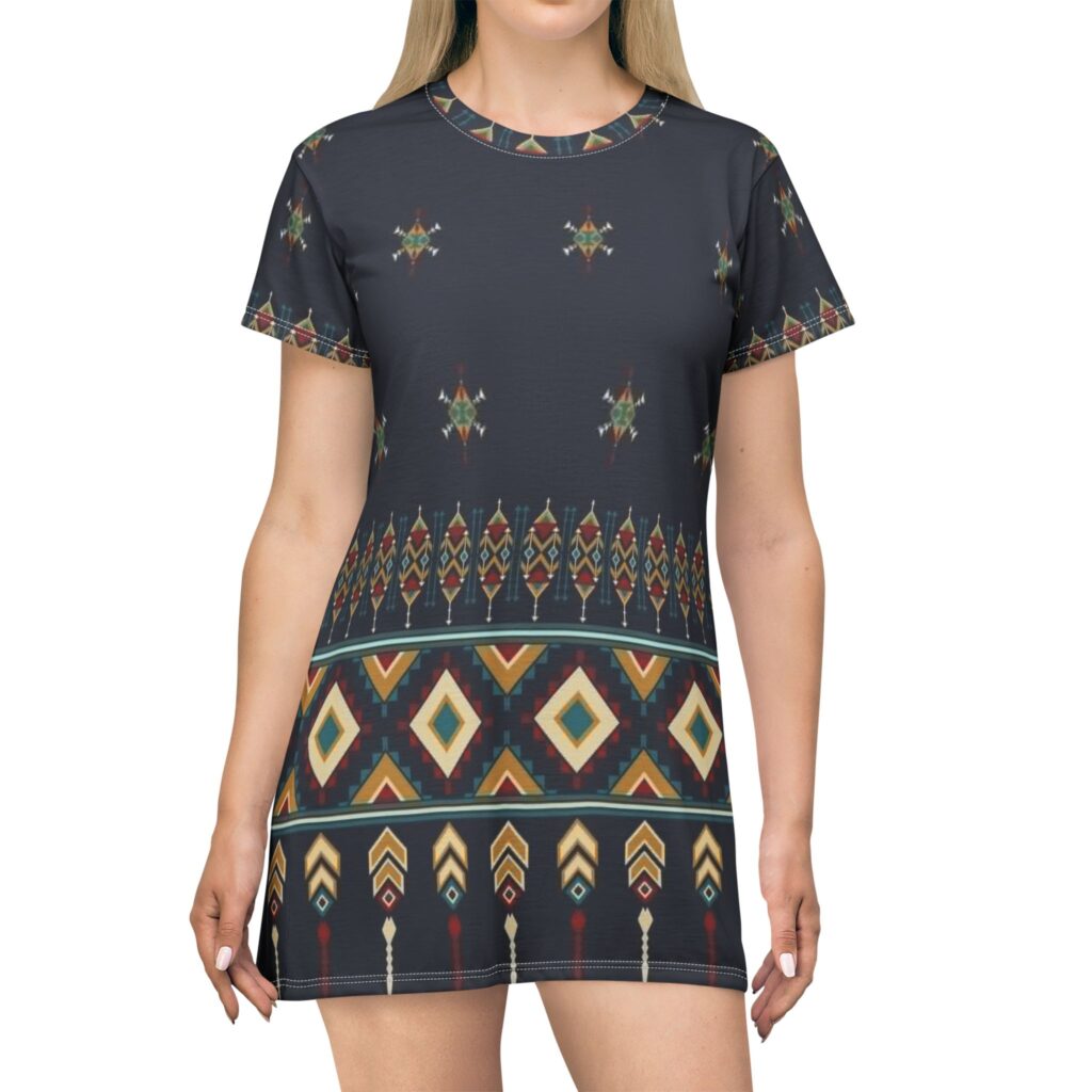 Boho Tribal Print T-Shirt Dress — Navy Aztec Pattern