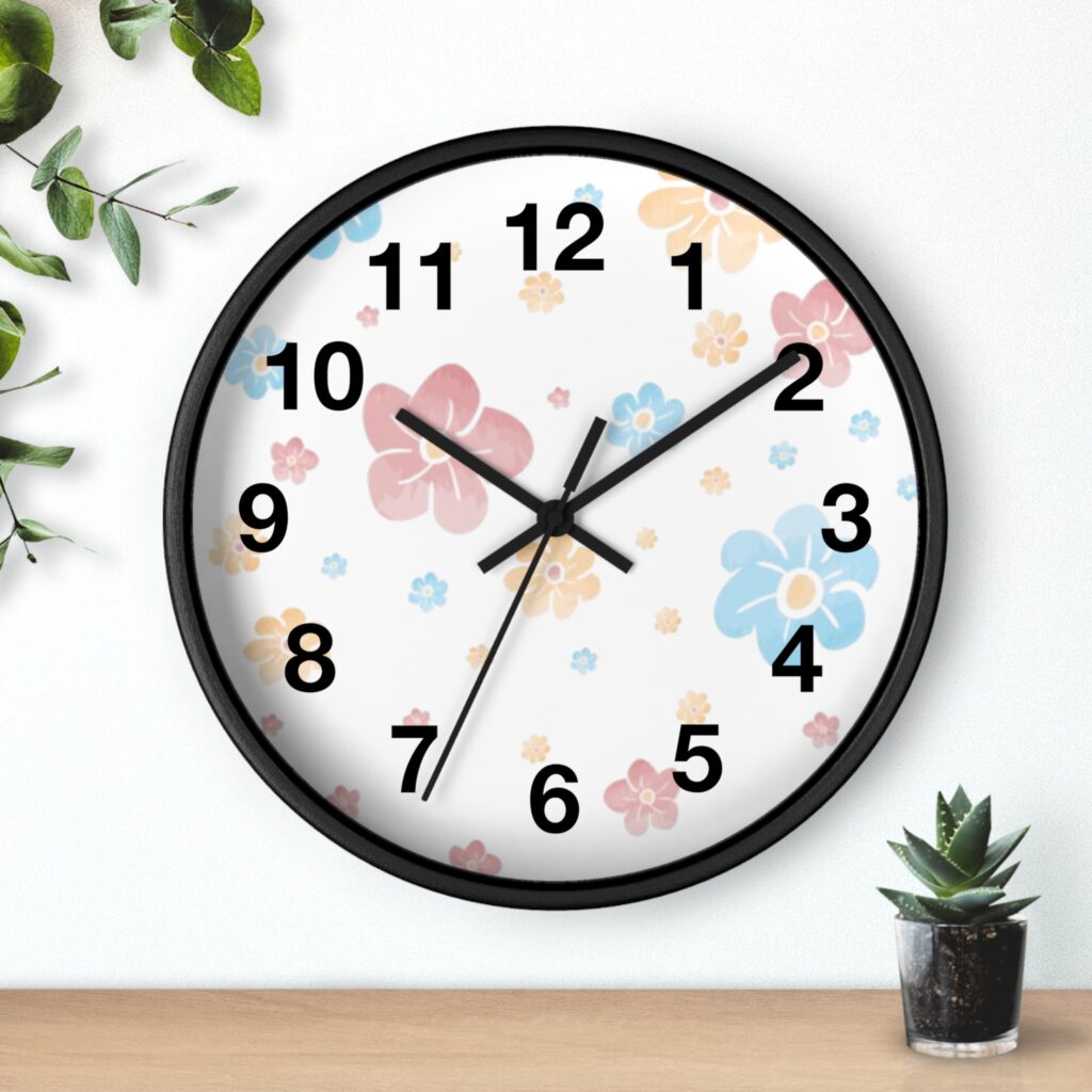 Floral Pastel Wall Clock — Cute Pink & Blue Flower Home Decor