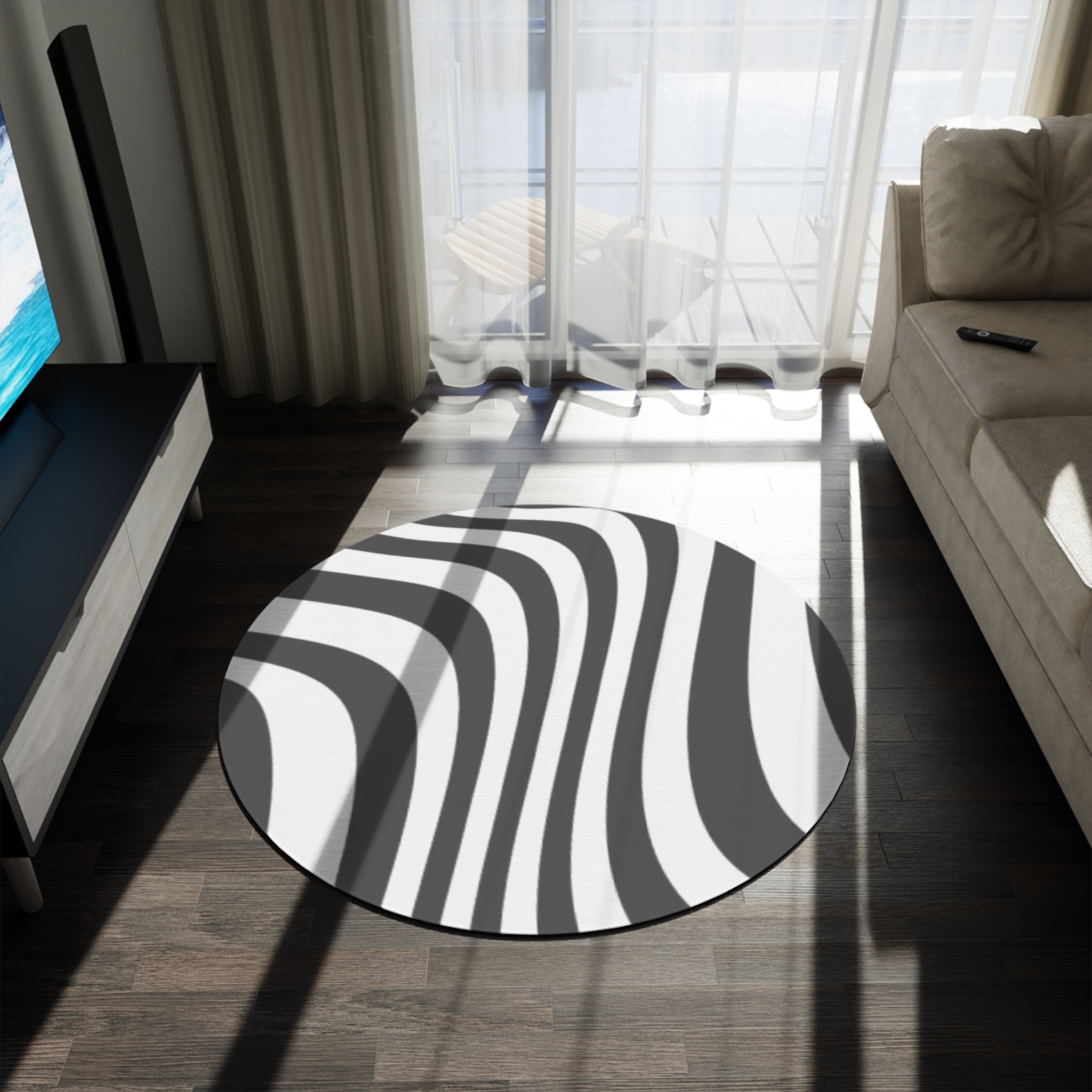 Zebra Wave Round Rug — Black & White Modern Abstract Area Rug - Image 4