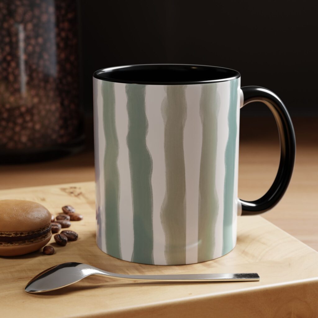 Striped Watercolor Accent Coffee Mug - Blue & Sage Vertical Brushstroke Design (11/15oz)