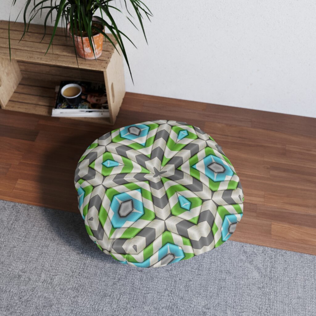 Geometric Kaleidoscope Round Tufted Floor Pillow — Blue & Green Patterned Accent Cushion
