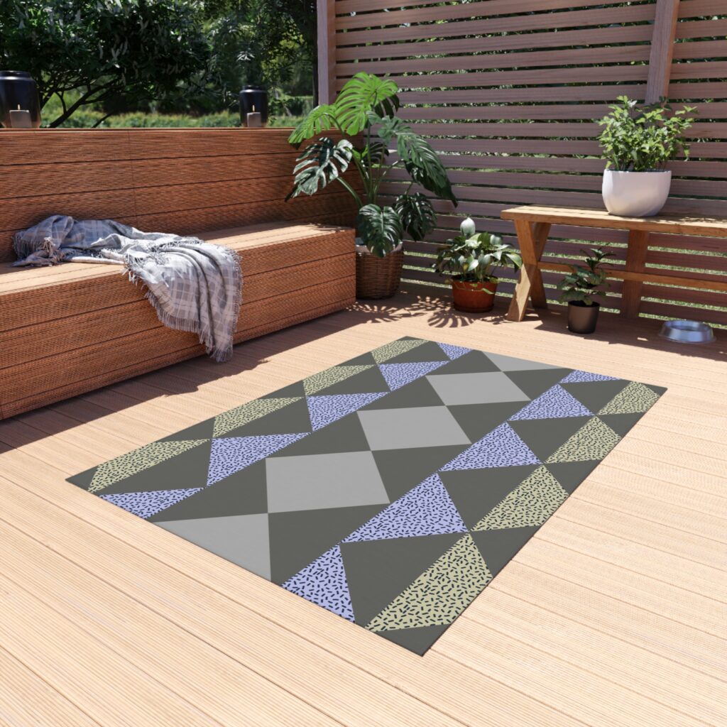 Geometric Triangle Outdoor Rug — Modern Patio Mat in Gray, Blue & Beige